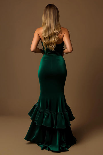 Mermaid Dark Green Strapless Velvet Holiday Dress With Ruffles